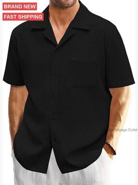 Men's Short Sleeve Button Down Shirt Loose Fit Waffle Pattern Summer Beach